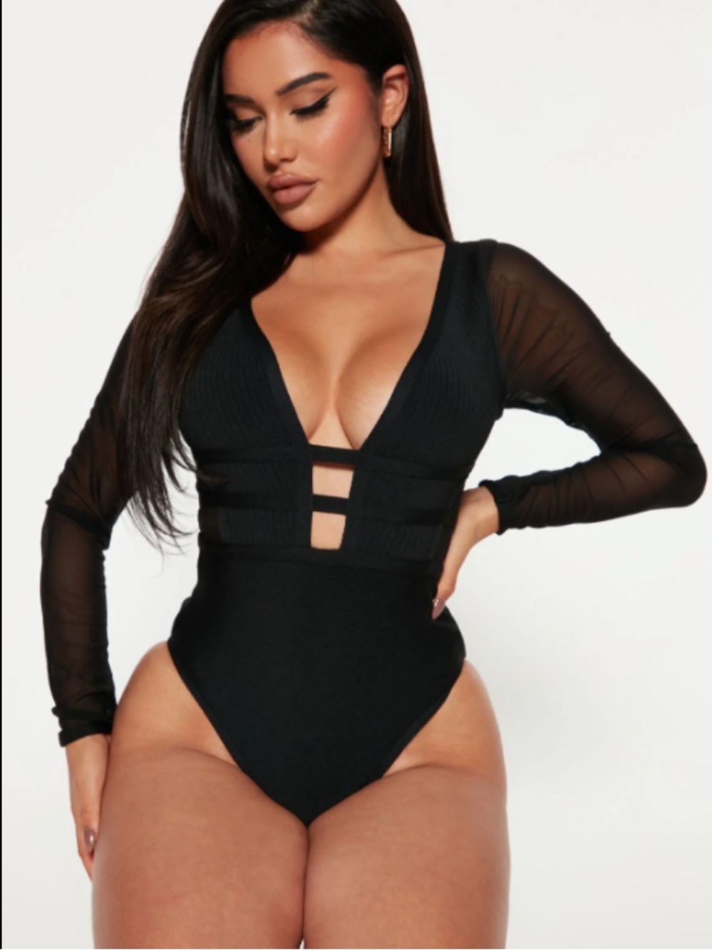 Sz M Fashion Nova Enjoy Yourself Black Deep V Mesh Sleeve Bodysuit